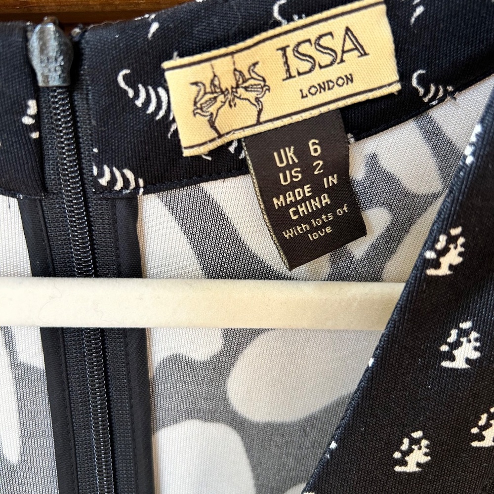 ISSA London Dress 100% Silk Black and White Tie V Neck Zip Up Midi Sz 2 - Picture 7 of 9